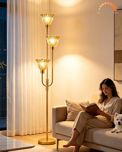 Glass Floor Lamp 66IN 3-Light Modern Amber Glass Gold Dimmable Floor Lamps - color: Amber Flower-Gold
