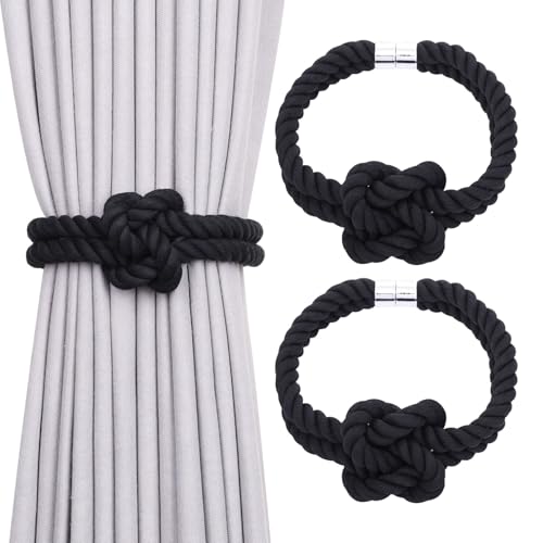 NICEEC Natural Cotton Rope Magnetic Curtain Tiebacks, 2 Pack, Black - color: Black, size: 2 Pack