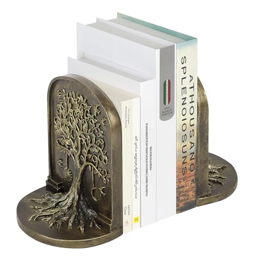 Tree of Life Vintage Heavy Bookends, 2 Unique Bronze Decorative Bookend for Shelves or Bookcase, Anti-Slip Book Shelf Bookends Decorative, Gifts for Mother and Father