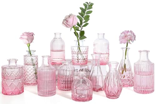 TBWIND Pink Glass Bud Vases Set of 12, Vintage Mini Vases - color: Pink-12pcs, size: 12Pcs