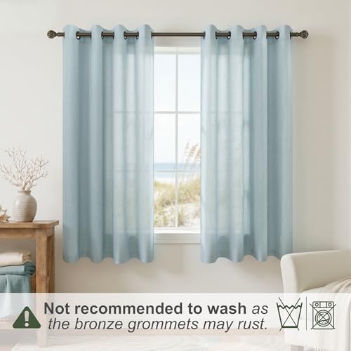 Sea Green Bronze Grommet Linen Blend Sheer Curtains 52x45 Inches Long - color: Sea Green, size: 52"W x 45"L (Pack of 2)