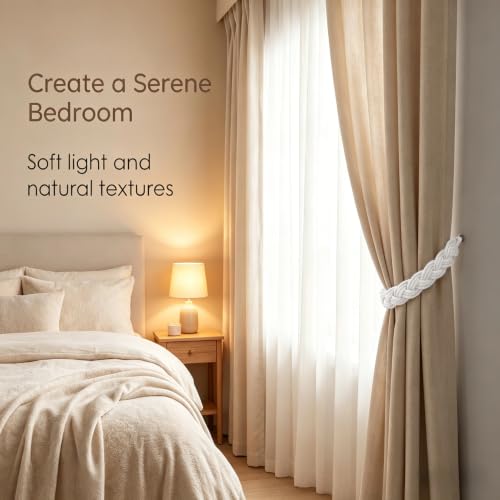 Home Queen Hand Braided Curtain Tieback, Buckle Holdback Drapery Curtain Tie Back, 2 Rope Cotton Belt Curtain Tie with 2 Metal Hooks, White - color: White, size: 2PC