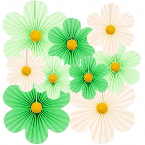 Spring Flower Paper Fan Decorations, 9PCS Party Cream Hanging Fans for Hello Spring Party, Birthday, Wedding, Classroom, Home Office Graduation Mother Father's Day Floral Backdrop Decor -Green - style: Green Cloud