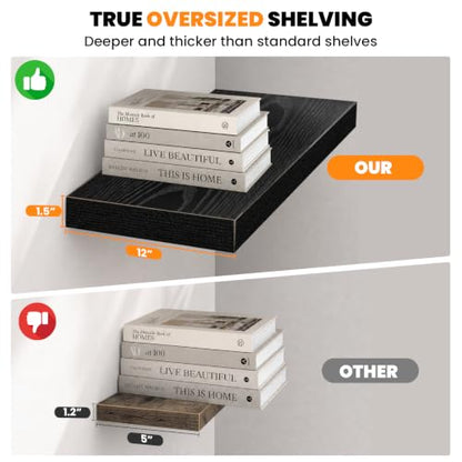 RICHER HOUSE 55 Inch Long Floating Shelves, 12 Inch Deep Black Wall Shelf - color: Black, size: 55in