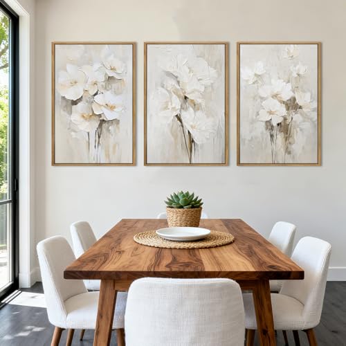Anyzal Framed Neutral Beige Floral Wall Art Large 16x24 Inch White Cream Flower Canvas Wall Decor Modern Botanical Farmhouse Painting for Living Room Bedroom Dining Room Set of 3 - color: Neutral Floral, size: 24"L x 16"W