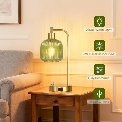 Green Glass Table Lamps Set of 2, Dimmable Bedside Lamps for Living Room - color: Gold&Green
