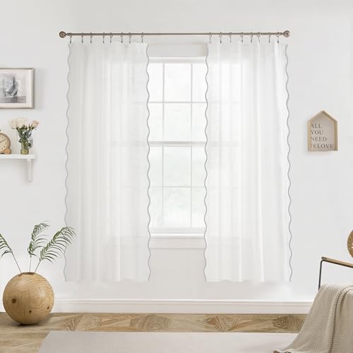 DriftAway Semi Sheer Scalloped Edge White Coastal Beach Window Curtains for Living Room Bedroom 2 Panels Rod Pocket Each Size 52 Inch by 63 Inch Gray - color: White Gray, size: 52"W x 63"L (Pack of 2)
