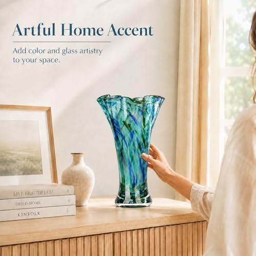 LCCCK 9.0" H Teal Glass Vases for Flower, Unique Hand Blown Glass Vase - color: Teal