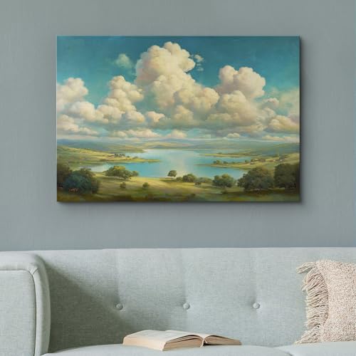 wall26 Canvas Print Wall Art Sunny Lake and Rolling Hills Bright Blue Sky and Fluffy Clouds Landscape Digital Art Realism Rustic Scenic Nature Photography for Living Room, Bedroom, Office - 12"x18" - color: A25-2605-M18, size: 18"L x 12"W
