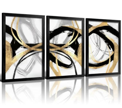 LYYGLYY 3Pcs Black Framed Abstract Black Gold Canvas Wall Art 16x24 Inch - color: Black Frame Dancing Lines, size: 16x24 Inches