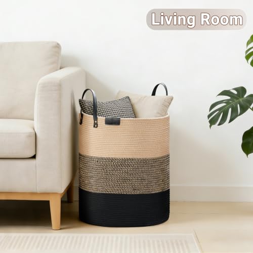 VIPOSCO 72L Tall Woven Rope Laundry Hamper, Leather Handles, Brown & Black - color: Brown & Black, size: 72L