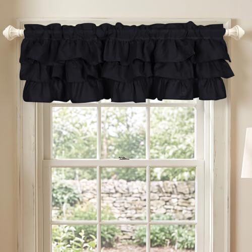 FUANGUI Ruffled Valance Curtain 42" W x 18" L Pleated Kitchen Valance - color: Black, size: 42"W x 18"L (Pack of 1)