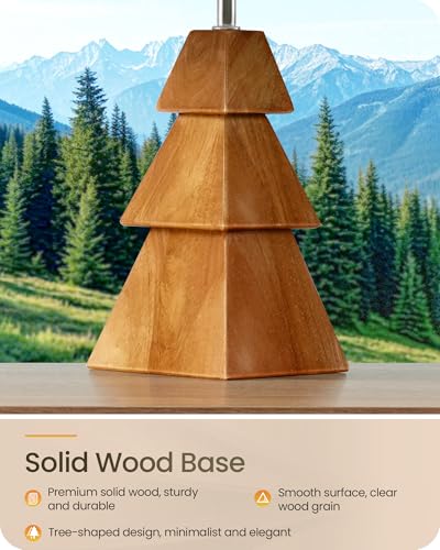 Wood Table Lamp, Wood Bedside Lamp with Tree-Shaped Base & Linen Lampshade, Modern Cute Desk Lamp for Living Room, Bedroom, E26 Base, Bulb Not Included, Beige and Dark Natural LE08TL05 - color: Beige+Pearwood Tree Shaped