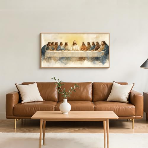 FWIEXA Jesus Last Supper Canvas Wall Art, Framed Easter Christian Decor Painting, Religious Boho Prints, Bible Watercolor Artwork, 20x40In Verse Scripture Pictures for Living Room,Bedroom,Prayer Room - color: Last Supper, size: 40"L x 20"W