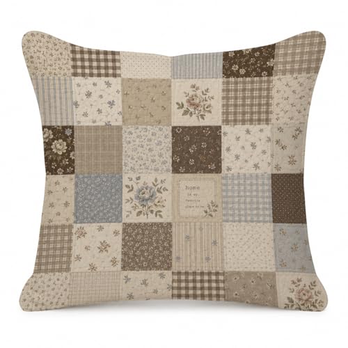 Neutral Farmhouse Floral Patchwork Throw Pillow Cover 18x18 - color: Chocolate