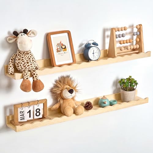 Fun Memories Picture Ledge Shelf for Wall, 36 inch Pine Wood Nursery Book Shelves Set of 2- Wall Book Shelves for Kids Room, Home Decor - Kitchen Spice-Natural - color: Natural, size: 36", Set of 2