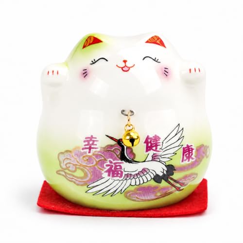kcrygogo Green Maneki Neko Lucky Cat Figurine, Ceramic Japanese Fortune Cat Statue with Happiness Health Artwork and Red Cushion, Cute Good Luck Desk Shelf Table Decor Gift for Home Office Shop