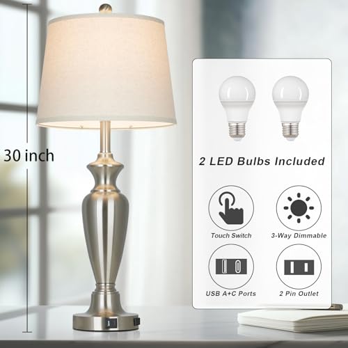 30" Tall Silver Table Lamps Set of 2 for Living Room, Touch Control Bedside Lamps for Nightstand, 3-Way Dimmable Bedroom Table Lamp with USB A+C Ports and AC Outlet (2 LED Bulbs Included) - color: Silver - 30"H