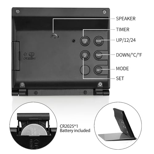 Betus Digital Travel Alarm Clock – Foldable Calendar, Temperature & Timer with Snooze – Large Number Display, Battery Operated – Compact Desk Clock for Home & Office (Black) - color: Black Pack of 1