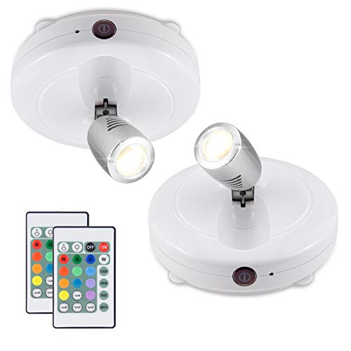 LUXSWAY Battery Operated LED Spotlights Indoor,Accent Lights with Dimmable,12 Color Changing Puck Light with 2 Remote,Closet Light with Rotatable Lighting Head,Stick on Dart Board Lighting - color: White+Silver Head-2Pack