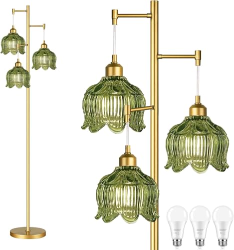QIYIZM Gold Floor Lamp for Living Room,Bedroom,Mid Century Modern Standing Lamp Brass Tree 3 Light Tall Floor Lamps Vintage Retro Floor Lights Glass Green Flower Lamp Shade Farmhouse Boho Bohemian - size: 18-Floor Lamp