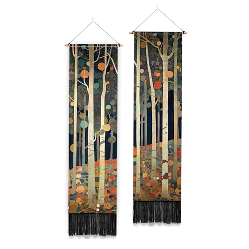 PLIGREAT 2 Pack Vintage Wall Hanging, Abstract Tree Tapestry with Tassels Oil Painting Forest Long Narrow Wall Tapestry for Bedroom Living Room Home Vertical Art Decor, 52" x 13" - color: green,orange