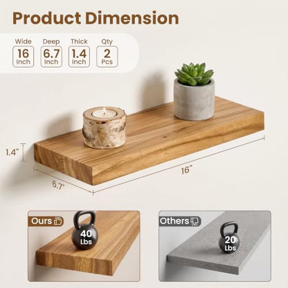 fuqing Floating Shelves for Wall, 16 Inch Rustic Solid Elm Wood Shelves - color: Natural Elm Flat Edge - 6.7"d, size: 16"L - 2Packs