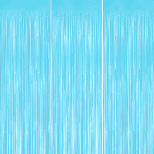 DECOCKRAT 3 Pack Foil Fringe Backdrop - Pastel Blue Shiny Tinsel Curtains for Party Decoration/Photo Booth Props - 3.3x8.2 FT Metallic Foil Backdrop for Birthday, Wedding, Graduation, Christmas. - color: Pastel Blue