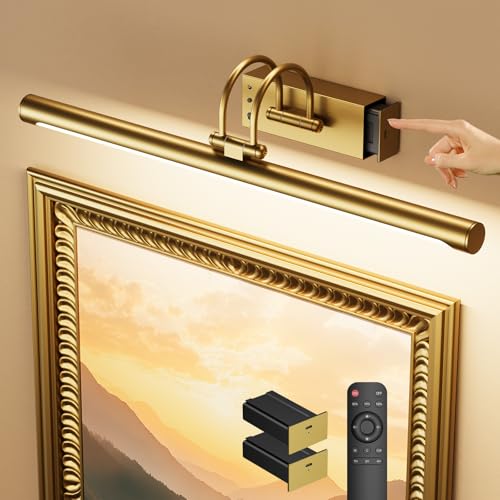 23.6″ Wireless Rechargeable Picture Light with Remote, Large Battery Operated Wall Light for Paintings & Art, Dimmable LED Gallery Lamp with Timer, Adjustable Metal Design, Electroplated Gold Finish - color: Battery Operated-Brass, size: 23.6 Inch
