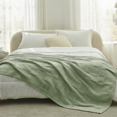 Amélie Home Checkered Knit Throw Blanket for Bed, Sage Green, 60"x80" - color: Checkered Sage Green, size: Checkered Knit 60"x80"
