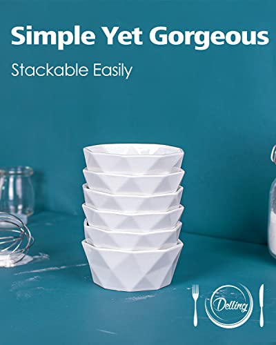 DELLING 4 Oz Ramekins Set of 6, Porcelain Creme Brulee Ramekins Oven Safe, Geometric Souffle Dishes for Baking Dessert Ice Cream, Small Ceramic Bowls Dishwasher Microwave Freezer Safe, White - size: 4oz