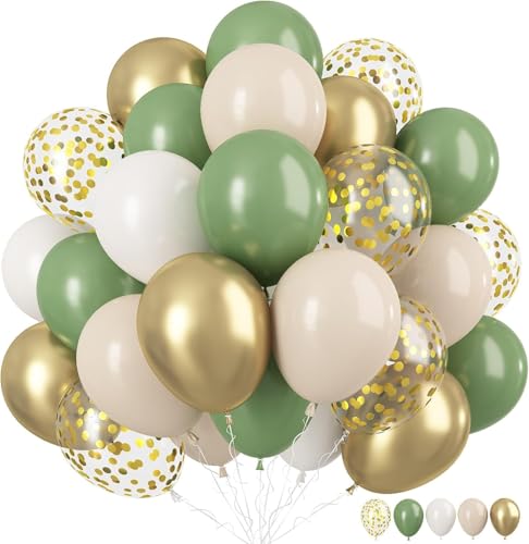 12 Inch Sage Green Gold Balloons for Safari Woodland Baby Shower Birthday - color: Sage Green White