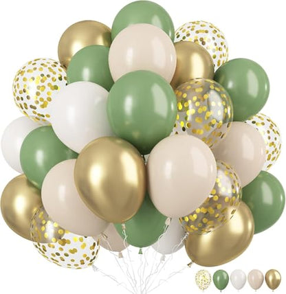 12 Inch Sage Green Gold Balloons for Safari Woodland Baby Shower Birthday - color: Sage Green White