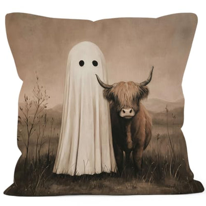 Moody Halloween Ghost Western Highland Cow Throw Pillow Cover 18x18 - color: Highland Cow-10