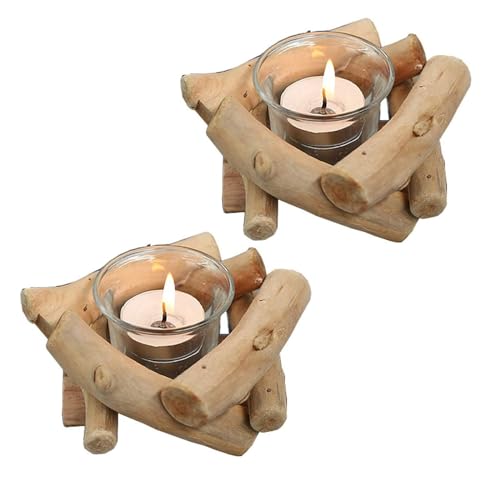 Sziqiqi Wooden Tea Light Candle Holder with Tealight Glass, Set of 2 - size: Pack of 2