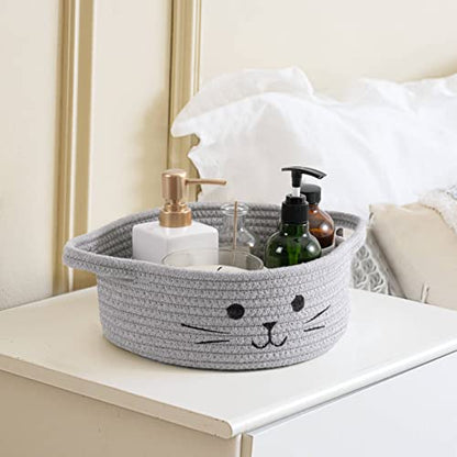 Small Woven Rope Cat Toy Basket with Cat Face Design, Grey - color: Gray, size: 9.8"W x 4"H