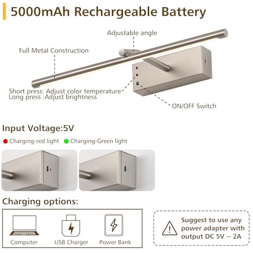 Picture Light, Wireless Picture Lights for Wall, 3CCT Dimmable - color: Nickel