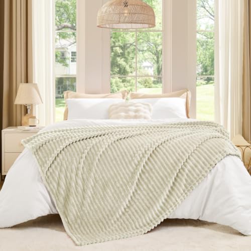 BEDELITE Ribbed Jacquard Beige Fleece Throw Blanket for Couch, 50x70 Inch - color: Beige, size: Throw XL(50"x70")