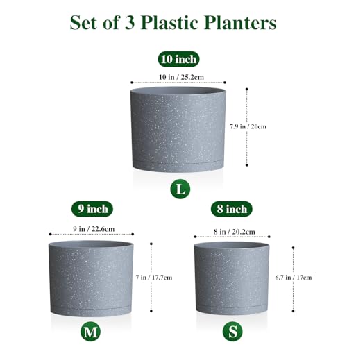 Plant Pots, 10/9/8 Inch 3 Pack Cylindrical Flower Pots with Drainage Holes and Saucers, Plastic Planters for Outdoor Indoor Plants,Grey with White Speckles - color: Grey With White Speckles