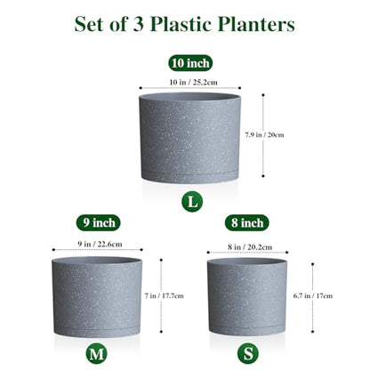 Plant Pots, 10/9/8 Inch 3 Pack Cylindrical Flower Pots with Drainage Holes and Saucers, Plastic Planters for Outdoor Indoor Plants,Grey with White Speckles - color: Grey With White Speckles