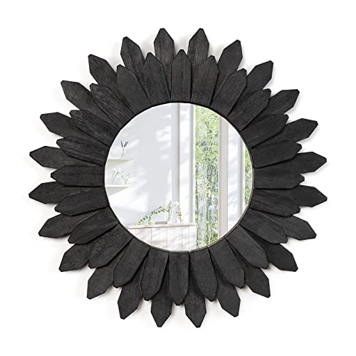 Emfogo Wall Mirror 12 inch Rustic Wood Sunburst Boho Mirror Farmhouse Wall Decor Room Decor Home Decor for Bedroom Living Room Entryway (Vintage Black) - color: Vintage Black, size: 12"L x 12"W