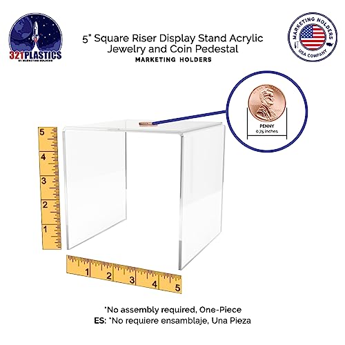 Marketing Holders Acrylic Riser 5" Square Display Stand Clear Tabletop Showcase Pedestal for Small Figurines Retail Products and Merchandise Plexiglass Ring or Watch Box Throne - size: 5" Riser