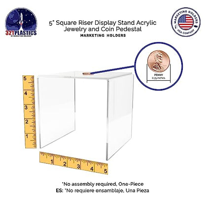 Marketing Holders Acrylic Riser 5" Square Display Stand Clear Tabletop Showcase Pedestal for Small Figurines Retail Products and Merchandise Plexiglass Ring or Watch Box Throne - size: 5" Riser