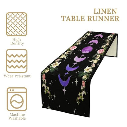 Moonflower Table Runner,Dreamy Starry Night Bohemian Flower Botanical Purple Moon Phase Stars Tabletop Restaurant Dining Kitchen Wedding Party 13x36 Inch - color: Moon Style-20, size: W13X L36
