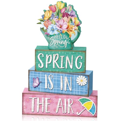 Yousoontic 4 Pcs Spring Wooden Table Signs Decorations Hello Spring Centerpiece Tabletop Decor Easter Rustic Farmhouse Vintage Tiered Tray Block Set Decor for Entryway Home Desk Room Gift - style: Spring