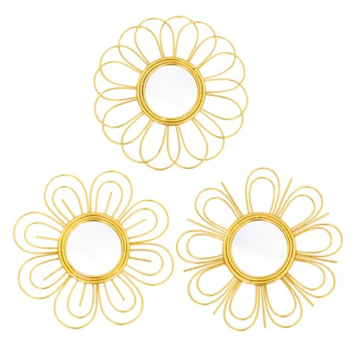 Gold Mirrors 3 Piece, 9 inch Flower-Indoor Shaped Mirror Hanging Wall Decor - color: Golden-d