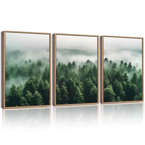 KUVIOKE Green Fog Pine Tree Framed Wall Art Nature Nordic Misty Forests Artwork Morden Painting Bedroom Decor 12x16in (Natural Framed) - color: Misty Forests, size: 12 x 16in x 3 Panels Natural