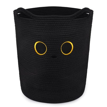 Tall Black Cat Laundry Basket for Nursery, Cute Large Woven Cotton Rope - color: Black, size: 15 × 18 inches