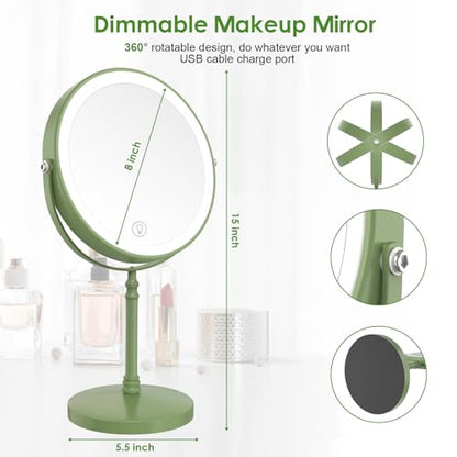 DEIOVWXS Makeup Mirror, Rechargeable Vanity Mirror with 3 Lights, 1X/10X - color: Green