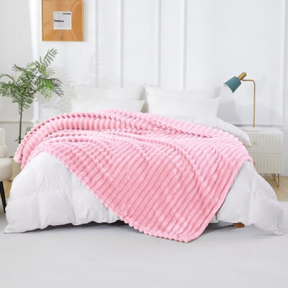 Taliska Ribbed Fleece Throw Blanket for Bed, Pink, 90"x90" - color: Pink, size: Throw(90"x90")